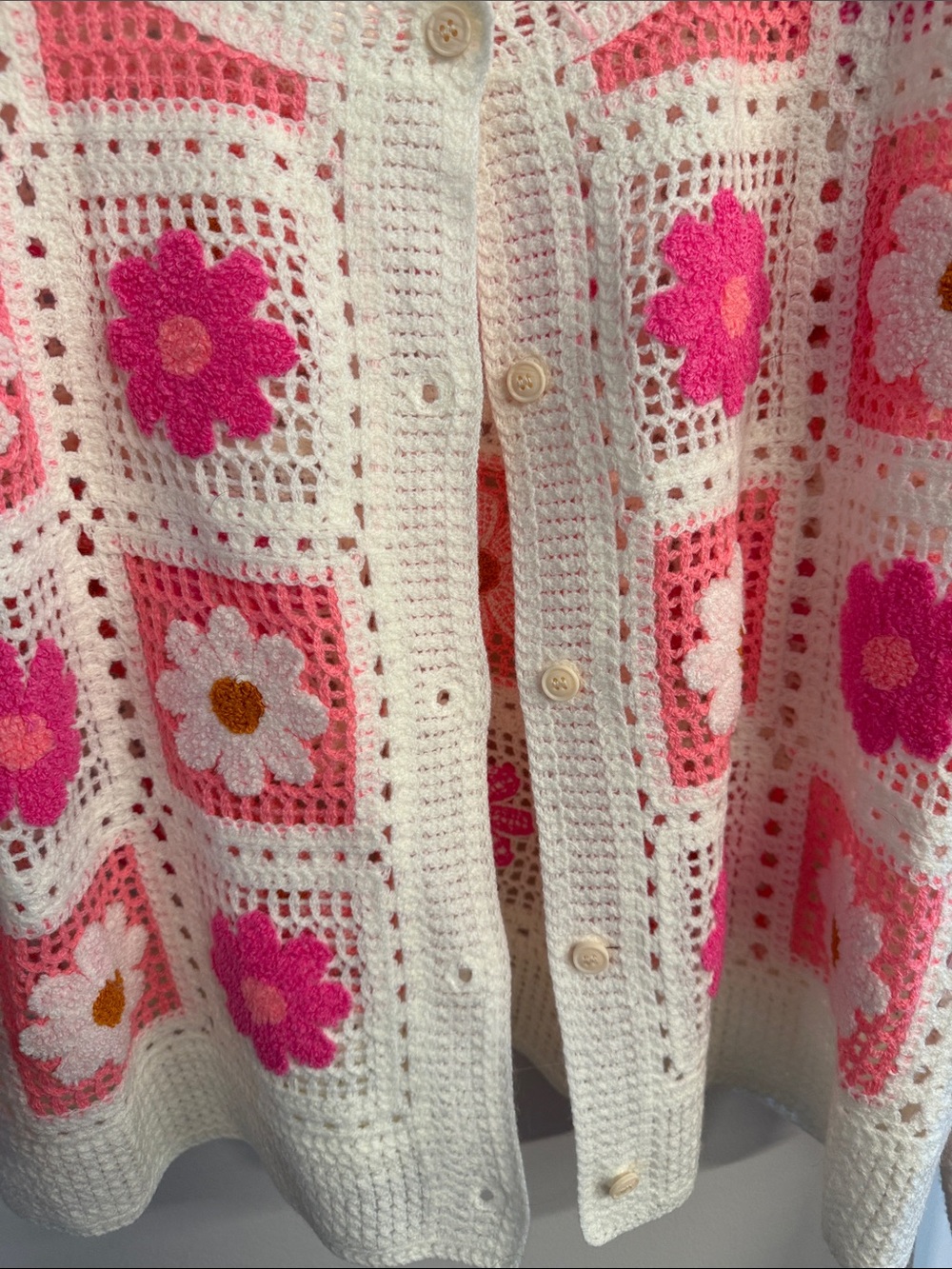 BiBi Cream Crochet Cardigan with Pink & Hot Pink Floral Squares - Picture 5 of 6